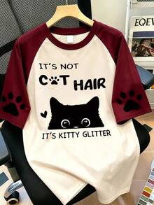 Camiseta casual de manga corta con cuello redondo y estampado de gato lindo para mujer, camiseta holgada de cuello redondo tipo raglán, ropa para mujer, adecuada para la escuela o vacaciones. - Burdeos - Ver 1