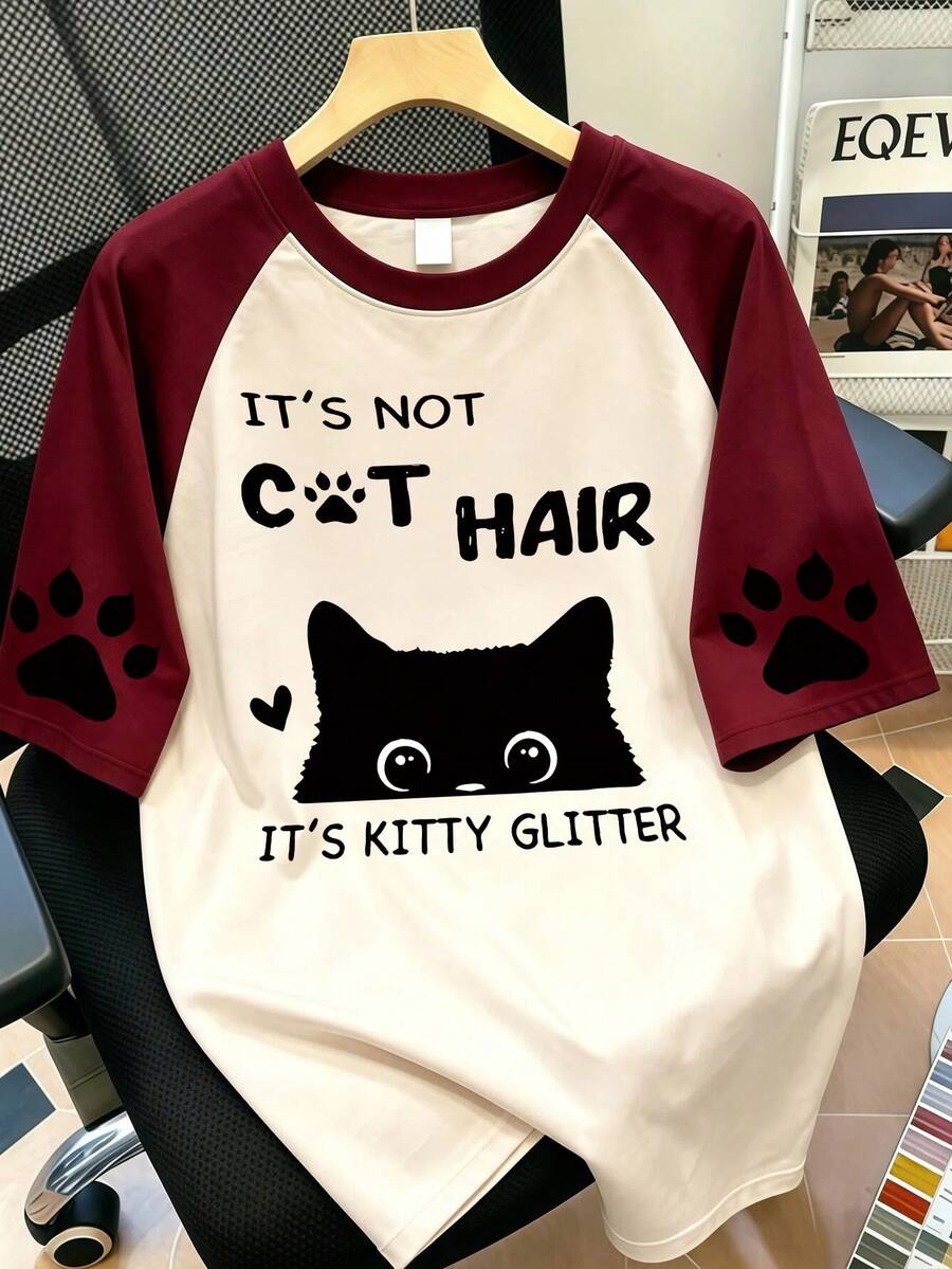Camiseta casual de manga corta con cuello redondo y estampado de gato lindo para mujer, camiseta holgada de cuello redondo tipo raglán, ropa para mujer, adecuada para la escuela o vacaciones. - Burdeos - Ver 1