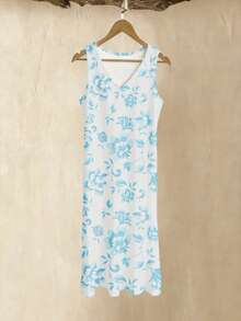 V Neck Sleeveless Dress Floral Print Printed Long Dress Beach Dresses Summer Vacation Wedding Gift For Women - 彩色 - 查看 3