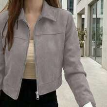 Chaqueta con cremallera de unicolor y cuello de ante sintético para mujer, uso casual para la escuela, el aeropuerto, primavera/otoño - Gris - Ver 1