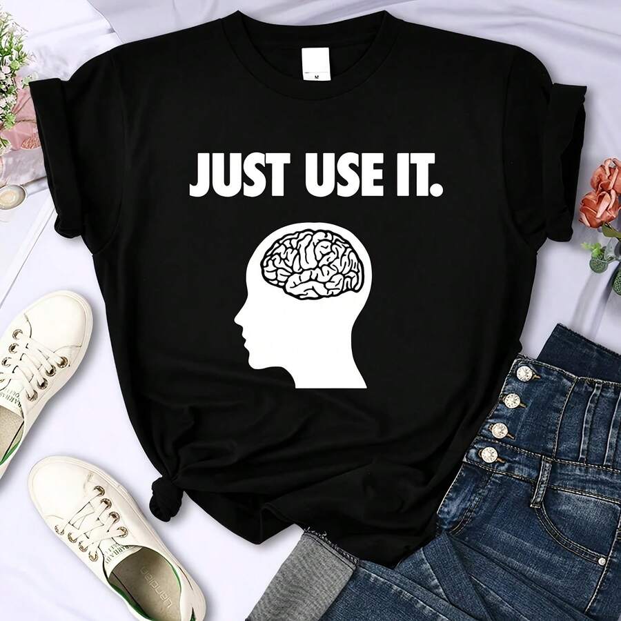 Sólo use su cerebro, camiseta para mujer, ropa divertida y creativa, camisetas informales suaves de manga corta con cuello redondo, camisetas transpirables para mujer - Multicolor - Ver 1