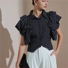WNS  Blusa elegante de mujer de alta gama con estampado de lunares retro francés y mangas de pétalos - Rojo - Ver 6