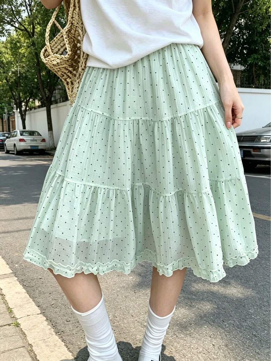 春夏新款柔美風格圓點休閒拼接A字裙女款 荷葉邊裙襬 隨機圖案剪裁 - 綠色 - 查看 1