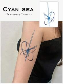1pc Klein Blue Abstract Starburst Line Pattern Tattoo Sticker, Temporary Tattoo Sticker, Simulated Tattoo Design, Suitable For Travel, Music Festival, Games, Graduation Gifts, Lasts For 3-5 Days - Multicolor - View 1