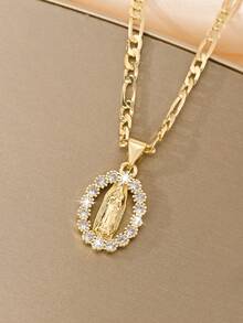 1PC Vintage Religious Style Women's Necklace, Virgin Mary Carving With Delicate Lines, Rich Vintage Charm. 50cm Smooth Figaro Chain Fits Neck Comfortably, Elegant And Sacred Elegant, Suitable For Daily Wear And Religious Worship, Combining Decorative And Commemorative Significance - Yellow Gold - View 7