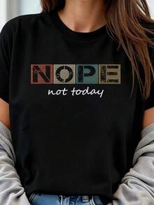 Sarcastic And Funny Sayings: No, Not Today. Vintage Graphic Print T-Shirt, 1 Piece, Women's, Plus Size, Short Sleeve, 220g, Novelty, 100% Polyester, Casual, Crew Neck - 黑色 - 查看 1