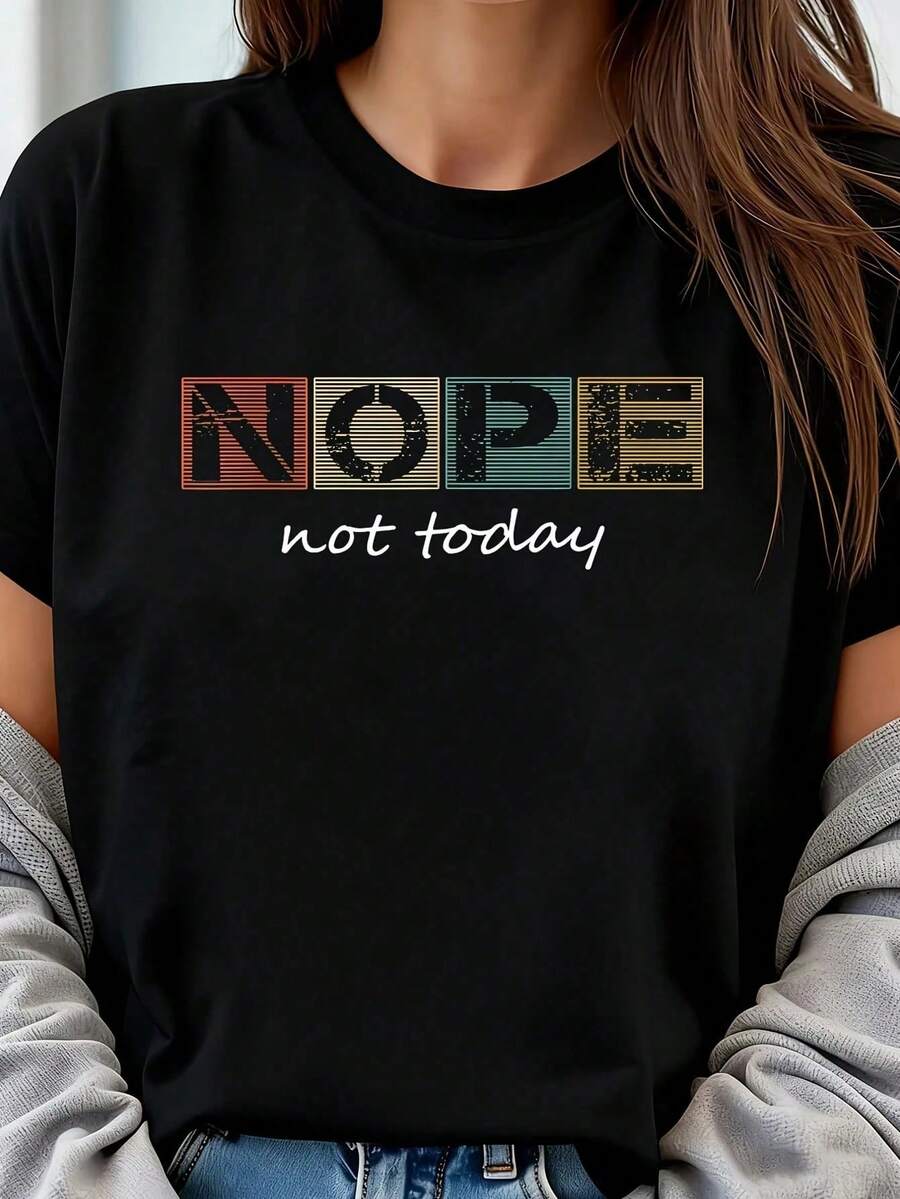 Sarcastic And Funny Sayings: No, Not Today. Vintage Graphic Print T-Shirt, 1 Piece, Women's, Plus Size, Short Sleeve, 220g, Novelty, 100% Polyester, Casual, Crew Neck - 黑色 - 查看 1