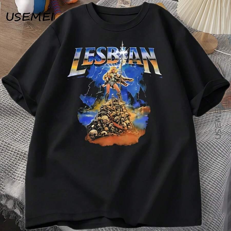 Dark Fantasy Lesbian Warrior T-Shirt For Men And Women, Funny Retro Graphic Tee With LGBT Skull, Vintage Crew Neck Tee, Loose Fit Clothing - 彩色 - 查看 1