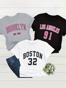 Round Neck T-Shirts With 3 Letter Print, Casual Short Sleeve Tops For Spring/Summer, Women's Clothing - Hitam - View 7