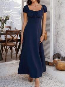 Women's Elegant Square Neck Maxi Dress, Puff Short Sleeve Tie Front A-Line Long Dress, High Waist Corset Detail Flowy Swing Dress, Casual Chic Evening Party Cocktail Dress, Summer Vacation - 藏蓝色 - 查看 2