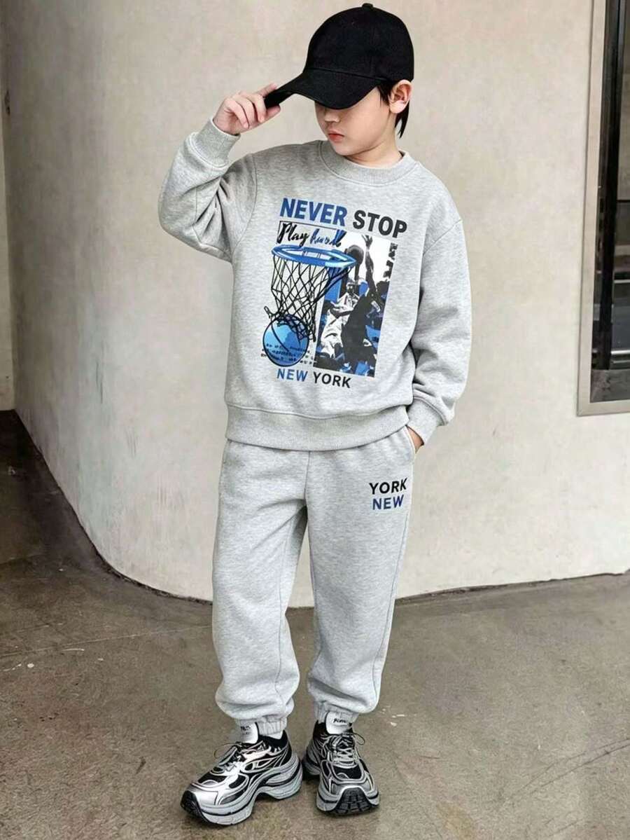 Tween Boy Letter Graphic Print Crew Neck Sweatshirt And Sweatpants Set - Grey - View 1