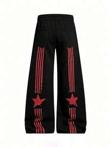 Men's Black Gothic Letter & Star Print Wide Leg Sweatpants, Casual Street Style Loose Outdoor Sports Long Pants Fall - Black - View 4