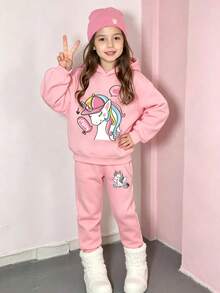 Tween 女孩独角兽印花保暖连帽衫和运动裤套装 - 粉色 - 查看 1