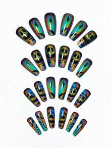 24pcs Halloween Mid-Length Glossy Black Bat Pattern Fashionable French Elegant Gradient Press-On Nails, Easy To Remove And Reusable, Multi-Color Nail Stickers For Travel, Party, Events And Holidays - Black - View 7