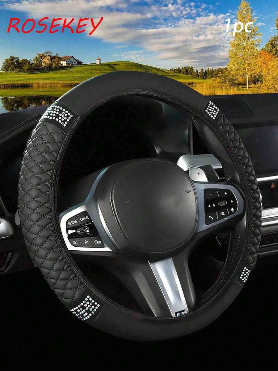 1pc Fashionable And Durable Sparkling Soft Leather Car Steering Wheel Cover - Slip-Resistant, Heat-Resistant And Cold-Resistant Protector - Black - View 1