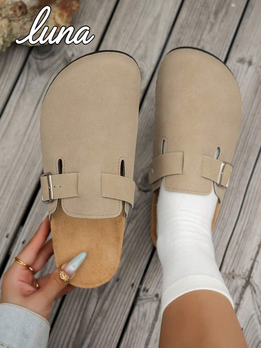 Sandal Wanita Datar Hitam yang Modis & Nyaman, Gesper yang Dapat Diatur, Desain Slip-On, Cocok untuk Pakaian Kasual Sepanjang Musim di Dalam & Luar Ruangan