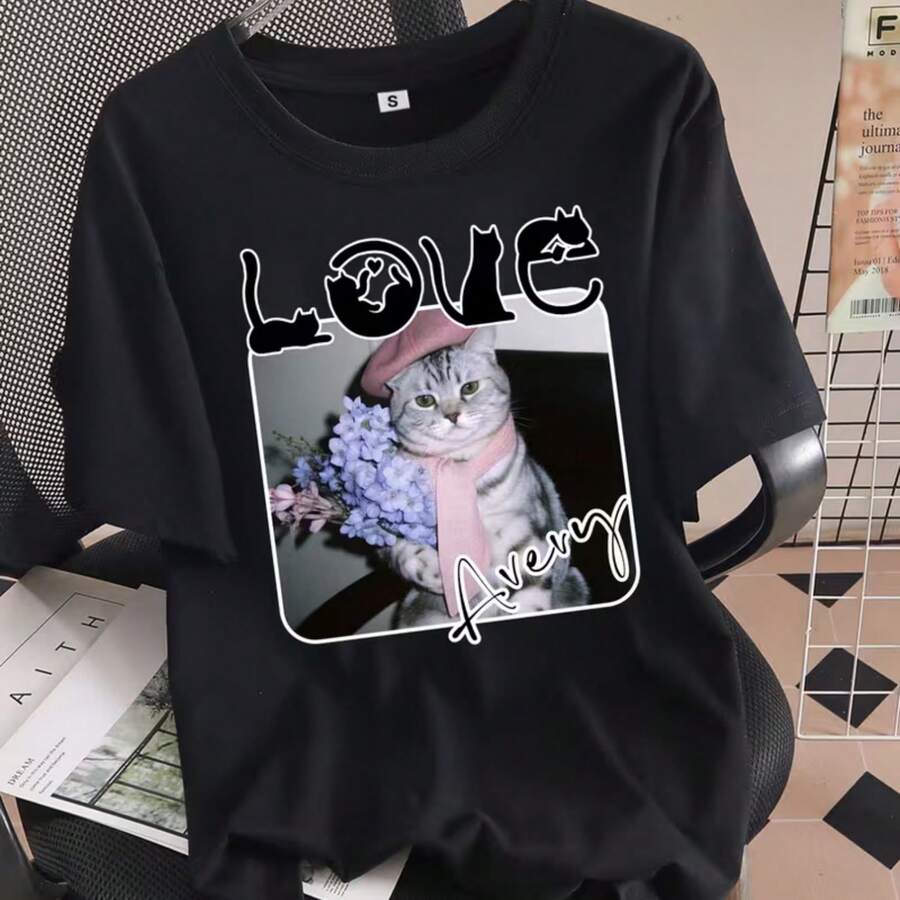 Personalized T-Shirts For Couples With Custom Names And Text, Ideal Gifts For Couples, With Cute Cat Designs, Suitable For Any Season And Made For Comfort - Black - View 1