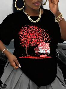 Couple's Valentine's Day T-Shirt With Cute Gnomes Under A Red Heart Tree For Women, White T-Shirt With Love Graphic Design, Romantic Valentine's Day Gift - 黑色 - 查看 1