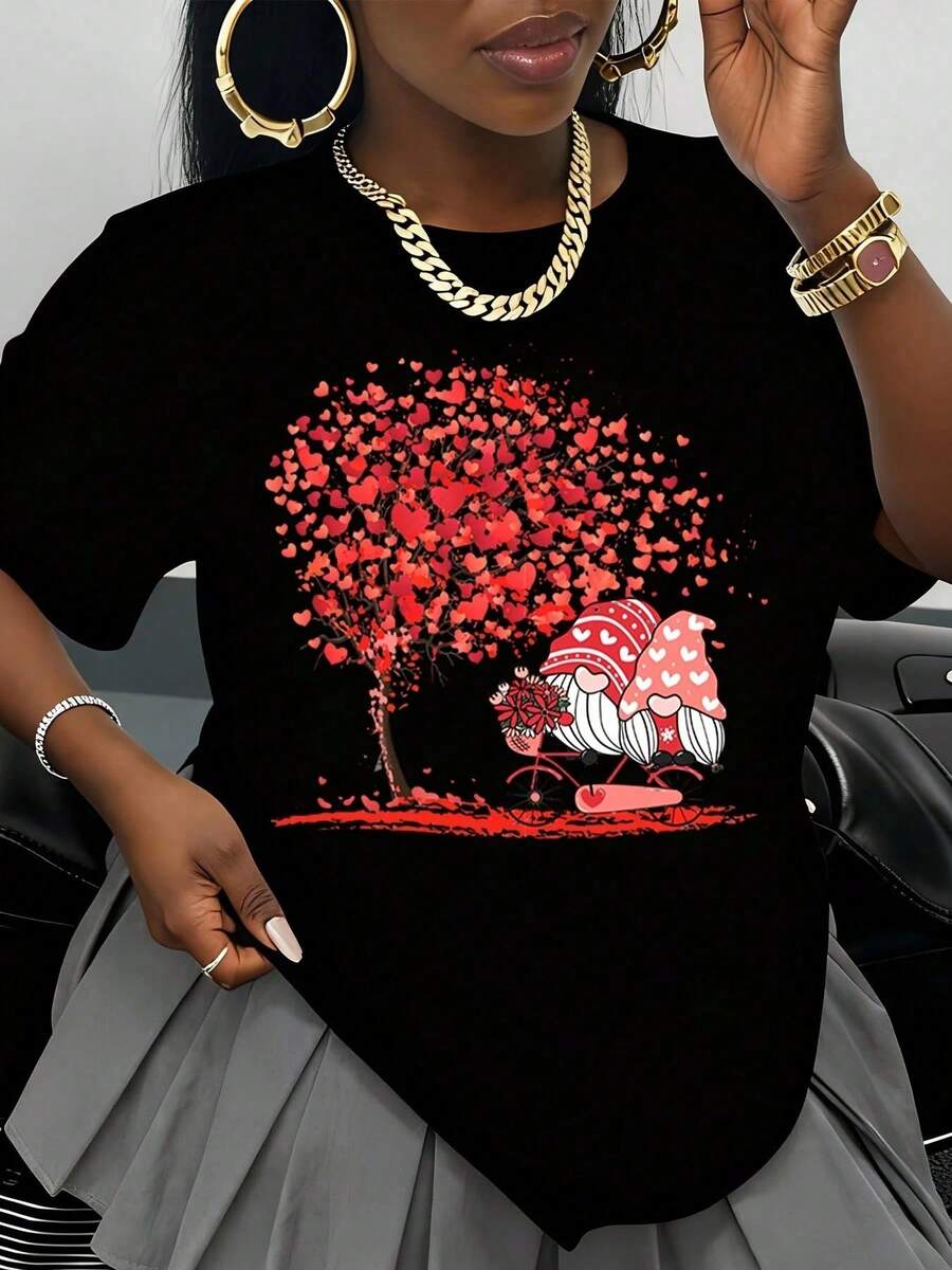 Couple's Valentine's Day T-Shirt With Cute Gnomes Under A Red Heart Tree For Women, White T-Shirt With Love Graphic Design, Romantic Valentine's Day Gift - 黑色 - 查看 1