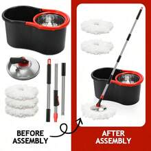 Spin Mop And Bucket Set, Mop Bucket For Office, Home, 360° Spin Mop Bucket System With 3 Microfiber Mop Replacement Heads And Stainless Steel Adjustable Handle For Floor Cleaning, Bucket Floor Cleaning System - 黑色升級 - 查看 4