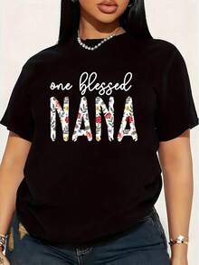 One Blessed NANA Camiseta de Mujer Talla Grande, 1 Pieza, Divertida, con Estampado Gráfico, Manga Corta, Novedosa, 100% Algodón, Cuello Redondo Casual, 220g - Negro - Ver 1