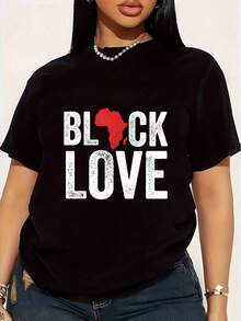 Women's Plus Size Short Sleeve T-Shirt With Funny Graphic Print Of Black African American Couple, 1 Piece, 100% Cotton, Round Neck, Casual Style, 220g. - 黑色 - 查看 1