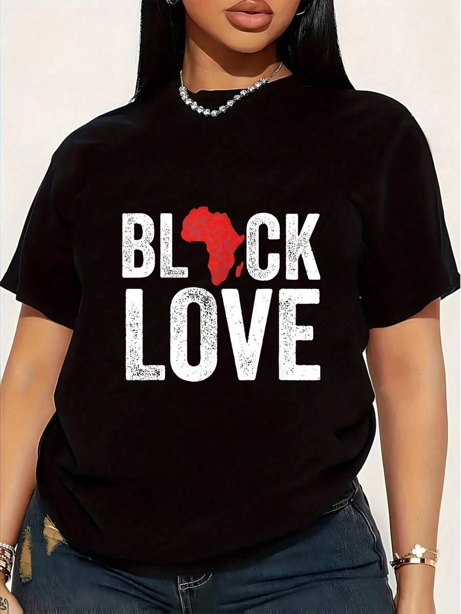 Women's Plus Size Short Sleeve T-Shirt With Funny Graphic Print Of Black African American Couple, 1 Piece, 100% Cotton, Round Neck, Casual Style, 220g. - 黑色 - 查看 1