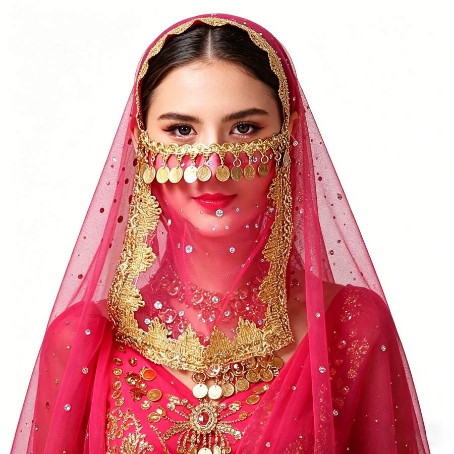 1pc Handmade Chiffon Veil With Hanging Gold Coins Elastic Headband Women's Belly Dance Costume, With Sequin Skirt Sari Style, Suitable For Festival Party Nightclub Beach Decor, Bohemian Vintage Style - Multicolor - View 1