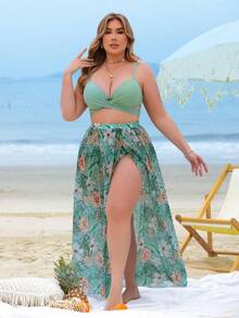 Swim Vcay Conjunto de traje de baño de 3 piezas con acolchado y fruncido, estilo de vacaciones en la playa, talla - Verde - Ver 1