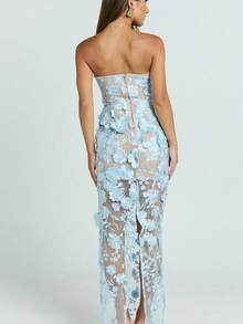 Women's Strapless Dress With Three-Dimensional Flowers, French Style, Luxurious, Lightweight, Elegant, Ideal For Parties, Ladies, Summer, Casual Fashion, New Collection - 藍色 - 查看 6