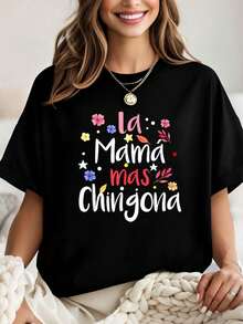 Camiseta floral de mamá española La Mama Mas Chingona, camiseta estampada para mujeres, nuevo estilo 2026, conjunto de mujer, camiseta de otoño para mujeres, camiseta de invierno - Negro - Ver 1