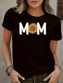 Camiseta de manga corta para mujer, talla grande, con diseño de girasol para el Día de la Madre, cuello redondo, estilo casual, divertida, con estampado gráfico, 100% poliéster, 1 pieza, 220 - Negro - Ver 1