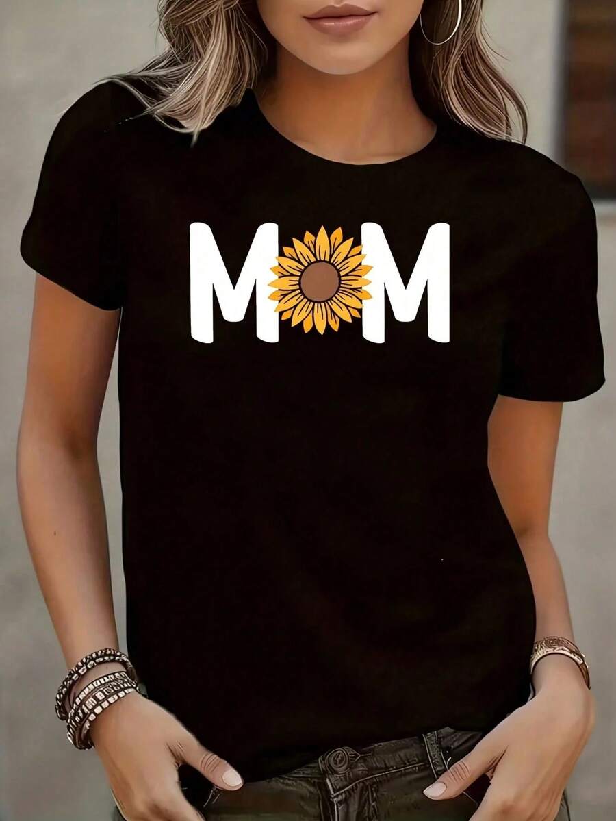 Camiseta de manga corta para mujer, talla grande, con diseño de girasol para el Día de la Madre, cuello redondo, estilo casual, divertida, con estampado gráfico, 100% poliéster, 1 pieza, 220 - Negro - Ver 1