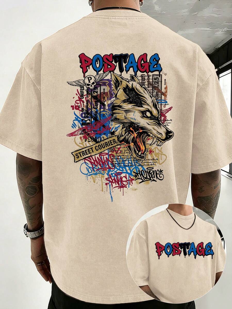 100% Cotton, 230g Weight, Casual T-Shirt With Double-Sided Graffiti-Style Wolf Head Print By Street Courier. Unisex Loose Fit, Perfect For Sports And Activities. - 杏色 - 查看 1