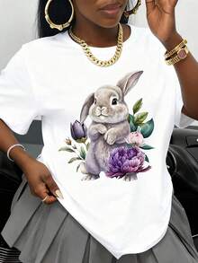 Camiseta Negra con Diseño de Conejito y Flores, Camiseta Casual con Estampado Gráfico para Mujer, Top de Moda Primavera Verano, Idea de Regalo de Pascua para Ella - Blanco - Ver 1