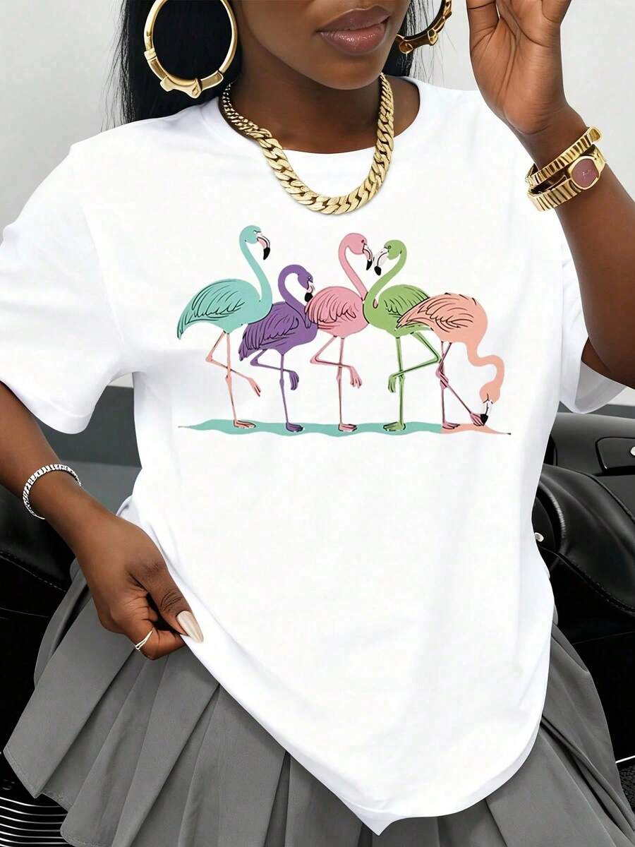 Women's White Flamingo Print T-Shirt, Casual Summer Top, Graphic Tee, Urban Fashion, Plus Size Unisex T-Shirt For Beach, Vacation, Party, Gift - 白色 - 查看 1
