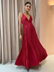 New European-American Spring-Summer 2026 Midi-Party Dress, Pleated, V-Neck, Straps, Wide Skirt - 紅色 - 查看 12