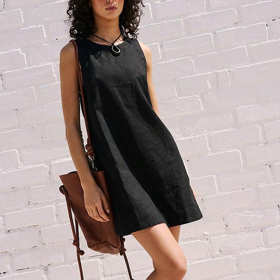 Women's Cotton And Linen Vest Backless Solid Color Dress,Vacation  Summer Holiday Outfits Holiday Outfits  Vacation Outfits For Women  Casual Dresses - 黑色 - 查看 1