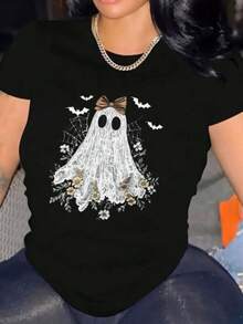 Camiseta Casual de Manga Corta para Mujer, Halloween, 1 Pieza, 100% Algodón Pesado - Cuello Redondo Cómodo, Camisetas Suaves y Adorables - negro - Ver 1