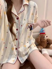 2件組女款睡衣家居套裝，新式開襟外套附胸前口袋，可愛小狗印花短袖上衣配星星印花短褲，簡約休閒，適合春夏穿著 - 彩色 - 查看 9