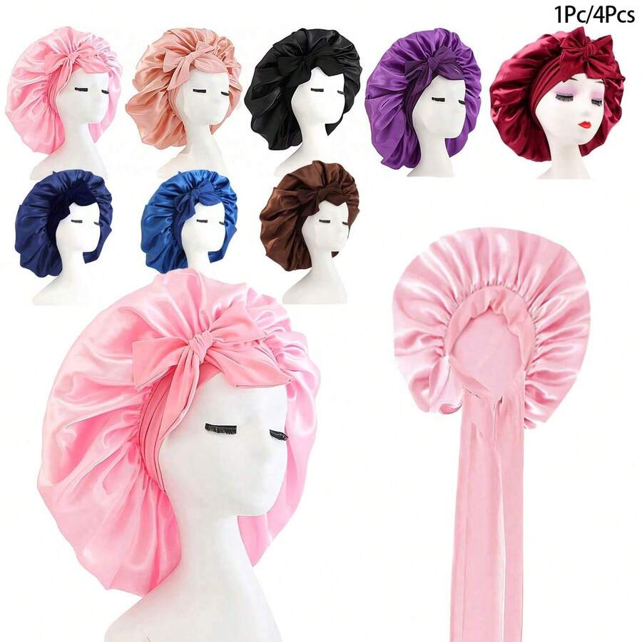 Awegeo 1 chiếc/4 chiếc mũ ngủ satin bóng mượt cho nữ với dây nơ điều chỉnh được - mũ bảo vệ tóc sang trọng cho tóc xoăn/tóc tự nhiên, nhiều lựa chọn màu sắc, phụ kiện chăm sóc tóc ban đêm mềm mại thiết yếu - Nhiều màu - Xem 1