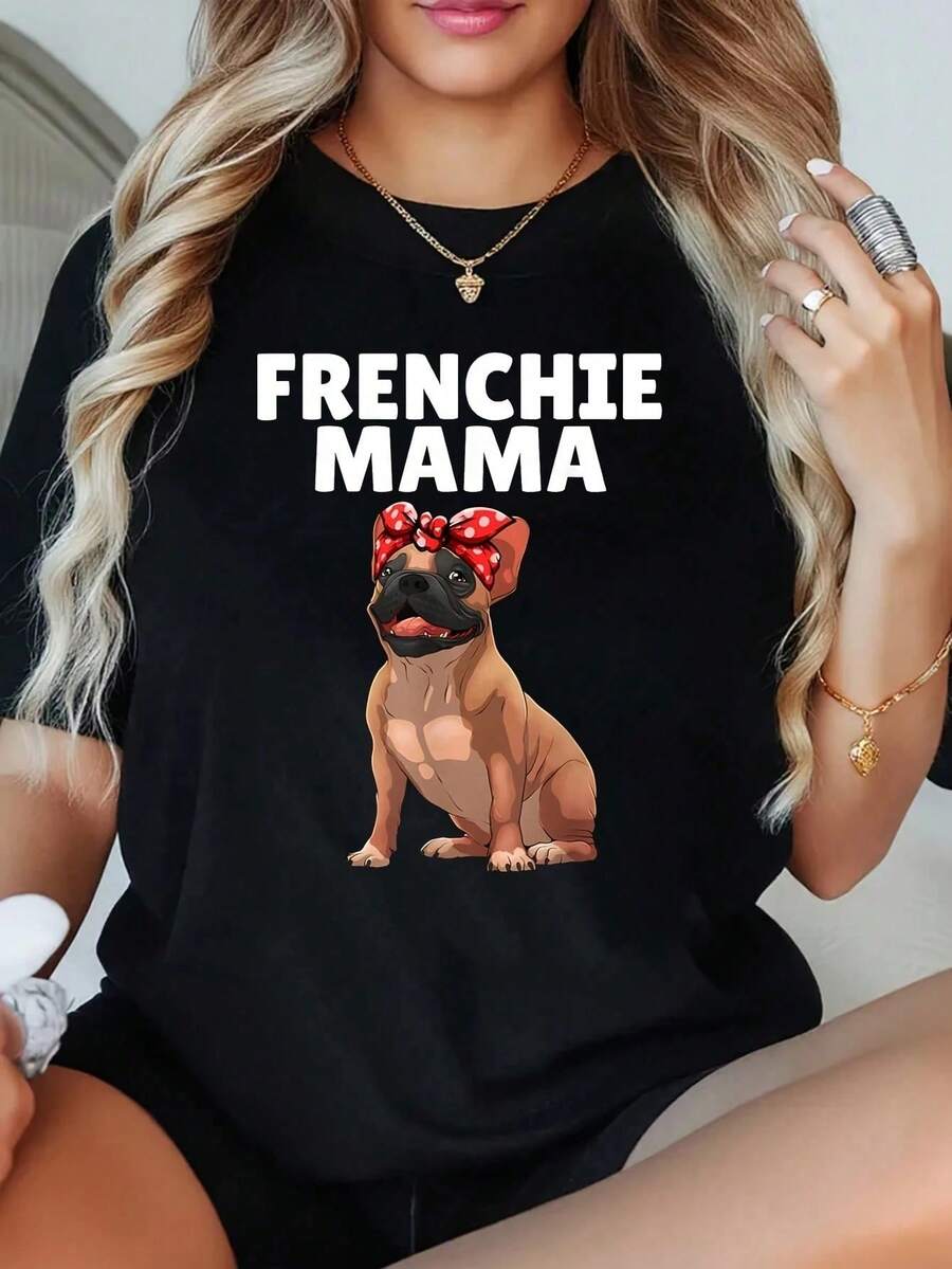 1 Camiseta de Talla Grande para Mujer con Diseño de Bulldog Francés, Estilo Casual, Cuello Redondo, 100% Poliéster, 220g, Novedad - Negro - Ver 1