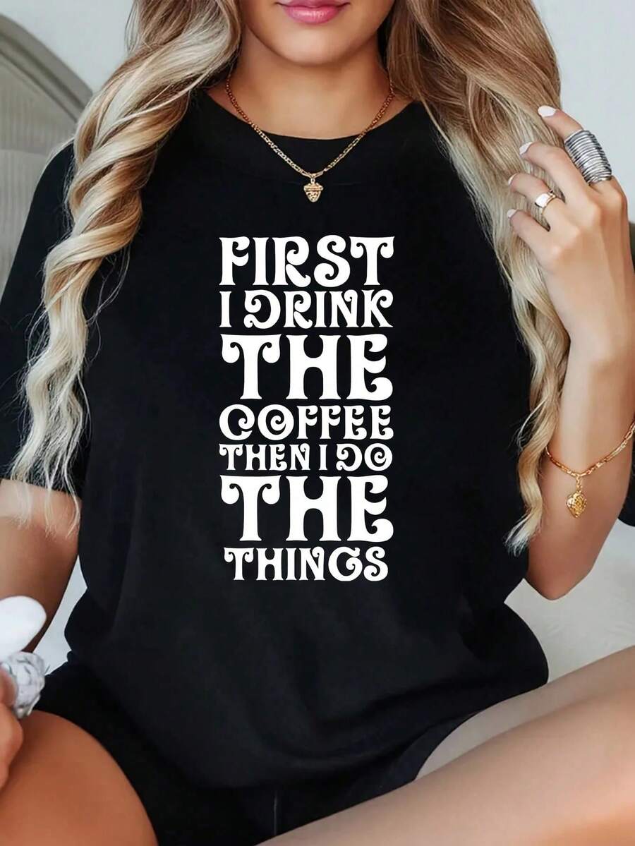 1 Piece Women's Plus Size T-Shirt With Graphic Print 'First I Drink Coffee And Then I Do Things', Short Sleeve, 220g, Novelty, 100% Polyester, Casual Crew Neck - 黑色 - 查看 1
