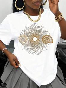 Black T-Shirt With Gold Spiral Mandala Design, Fashionable Casual Top For Women, Graphic T-Shirt For Everyday Wear And Special Occasions - 白色 - 查看 1
