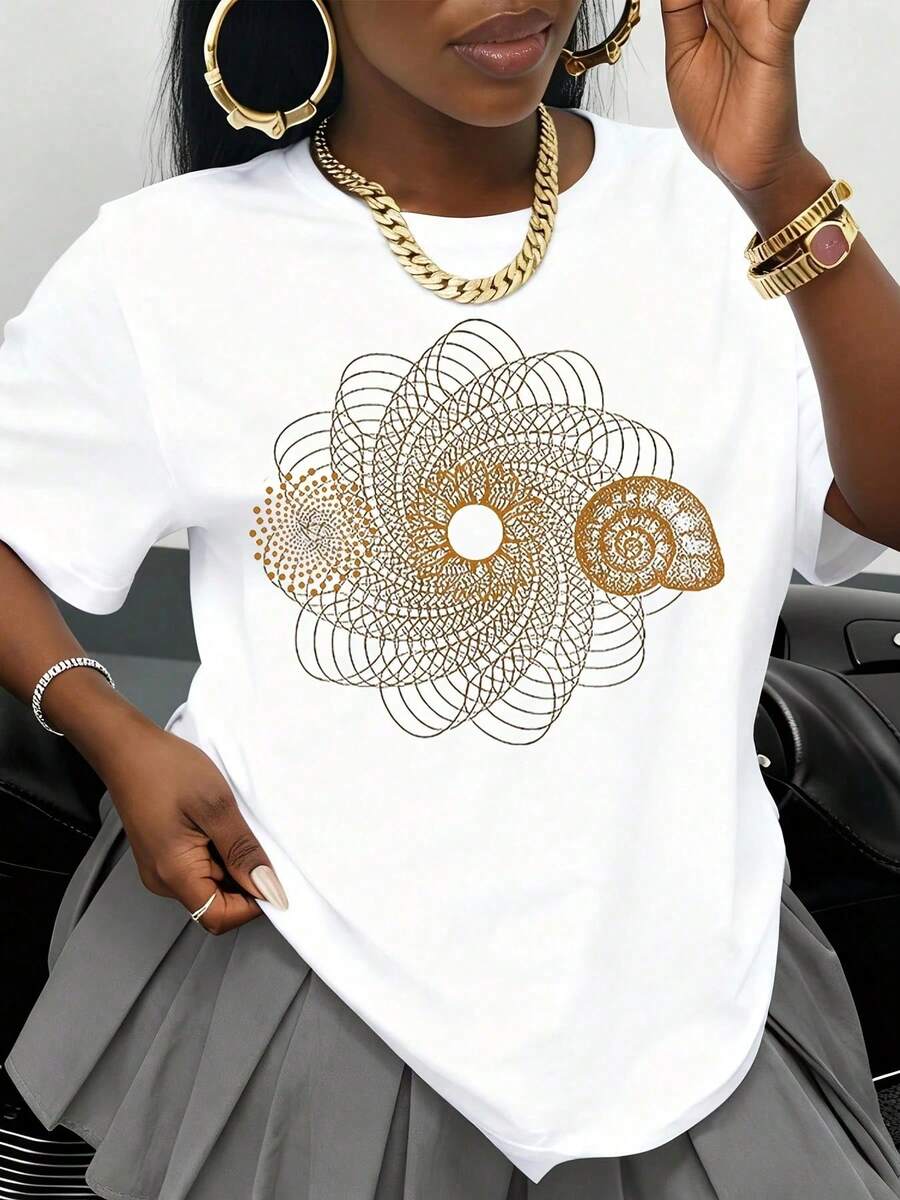 Black T-Shirt With Gold Spiral Mandala Design, Fashionable Casual Top For Women, Graphic T-Shirt For Everyday Wear And Special Occasions - 白色 - 查看 1