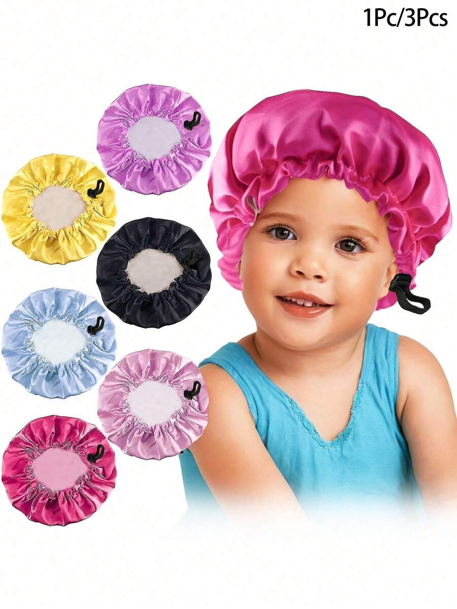 Awegeo 3pcs/Set Kids Printed Drawstring Button Elastic Double-Layer Silky Fashion Satin Hair Caps, Casual Daily Breathable Comfortable - 3Pcs - View 1