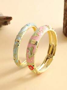 3/2pcs 1 Set Fashion Vintage Style Floral Pattern Enamel Gold Bracelet, Suitable For Women's Daily Wear - Multicolor - View 11