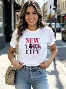 Playera Casual de Mujer con Estampado "New York City", Cuello Redondo y Manga Corta, Estilo Urbano Juvenil. - Blanco - Ver 4