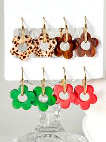 4 Pairs Colorful Acrylic Flower Earrings Set (Leopard Print + Solid Color Mixed) - 4 Pairs Of Colored Sets - View 3