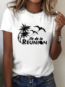 Casual Short-Sleeved, Round-Neck T-Shirt Featuring Reunion Island, Perfect For Spring And Summer, Designed For Women - Putih - View 1